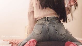 Petite cute girl dry humping pillow with pants and panties feet masturb lesbian