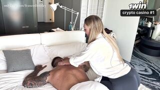 hotel masseur Frances Bentley gives French stud FilouFitt a massage with a VERY happy ending