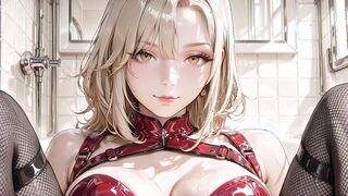 Blonde in Red Corset Rides in Bathroom