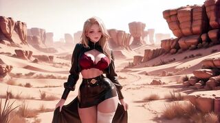 Blonde in Glossy Skirt in Desert Sunlight