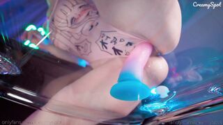 Petite girl rides and plays with a dildo
