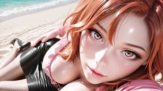 Redhead in Fishnets and Heels by the Sea
