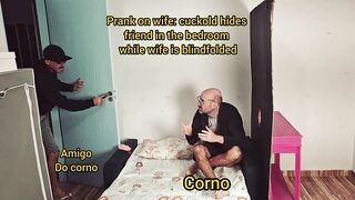 Blindfolded wife calls friend during intimate moment
