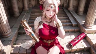 Ancient Corridor: Red Gown, Deep V, High Slit