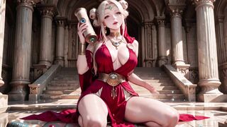 Ancient Corridor: Red Gown, Deep V, High Slit