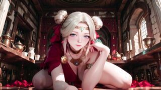 Ancient Corridor: Red Gown, Deep V, High Slit
