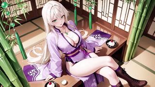 Kneeling in the dojo, sword in hand, hem lifted to reveal secrets