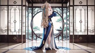 Silk-clad figure in a sunlit corridor