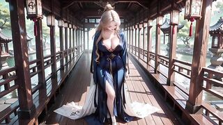 Silk-clad figure in a sunlit corridor