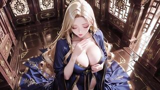 Silk-clad figure in a sunlit corridor