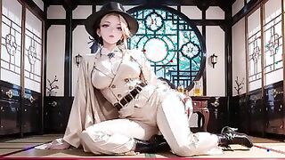 Elegant figure in beige suit by vintage train door