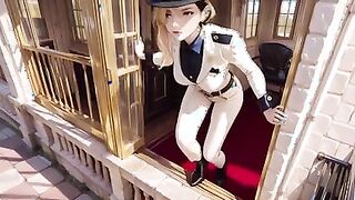 Elegant figure in beige suit by vintage train door
