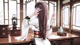 Woman in black and gold qipao kneels in wooden corridor