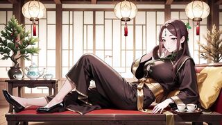 Woman in black and gold qipao kneels in wooden corridor