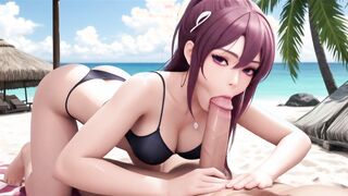 AI Generated - Pink Hair Bikini Sloppy Blowjob Wet Beach POV