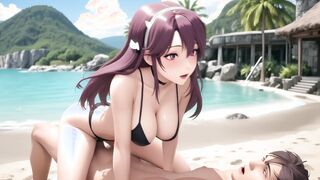 AI Generated - Pink Hair Bikini Sloppy Blowjob Wet Beach POV