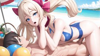 AI Generated - Blonde Bikini Girl Public Beach Spread Legs Wet Pussy