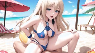 AI Generated - Blonde Bikini Girl Public Beach Spread Legs Wet Pussy