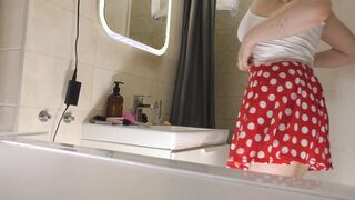 Wonderfully beautiful cute and nice college girl in a polkadot mini skirt shows her lace panties and ass