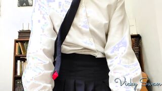in School Uniform Pulls down Panties and Gets Creampied Cowgirl Pov