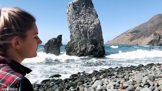 Elfie Swallows Cum on Californian Beach
