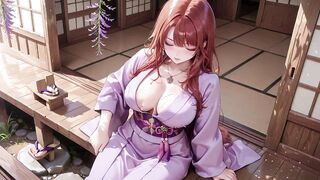 Kimono Figure Kneels Beneath Torii Gate