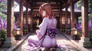 Kimono Figure Kneels Beneath Torii Gate