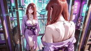 Kimono Figure Kneels Beneath Torii Gate