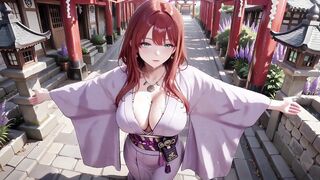Kimono Figure Kneels Beneath Torii Gate