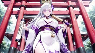 Silver-Haired Miko in Half-Open Kimono