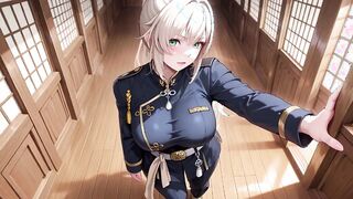 Blonde Figure Kneels in Blue Corridor, Katana in Hand