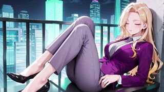 Boss in Purple Suit Adjusts Skirt in Private