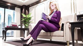 Boss in Purple Suit Adjusts Skirt in Private