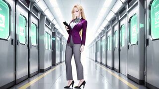 Boss in Purple Suit Adjusts Skirt in Private