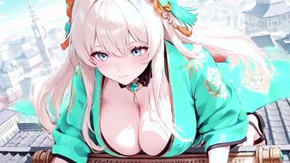 Blonde in Green Kimono Reads on Terrace