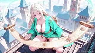 Blonde in Green Kimono Reads on Terrace