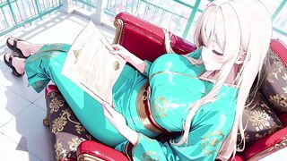 Blonde in Green Kimono Reads on Terrace
