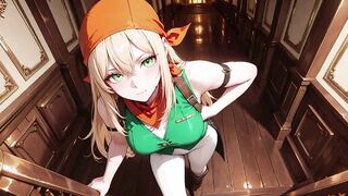 Blonde Pirate Captain in Green Uniform on Sunny Deck
