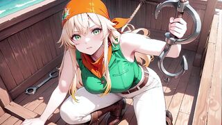 Blonde Pirate Captain in Green Uniform on Sunny Deck