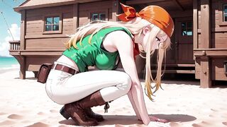 Blonde Pirate Captain in Green Uniform on Sunny Deck