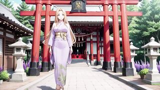 Blonde Kneeling Barefoot Under Red Torii Gate