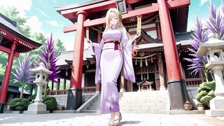 Blonde Kneeling Barefoot Under Red Torii Gate