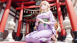 Blonde Kneeling Barefoot Under Red Torii Gate