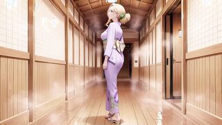 Blonde Kneeling Barefoot Under Red Torii Gate
