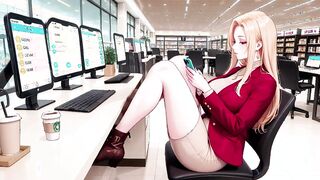 Woman in Red Suit Reaches Climax in Office Chair