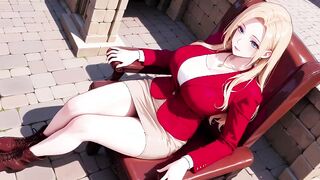Woman in Red Suit Reaches Climax in Office Chair