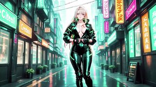 Blonde Agent in Wet Leather Under Neon Glow