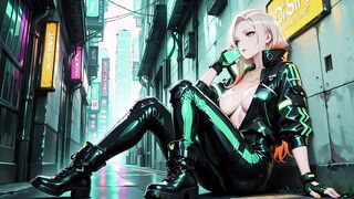 Blonde Agent in Wet Leather Under Neon Glow