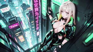 Blonde Agent in Wet Leather Under Neon Glow