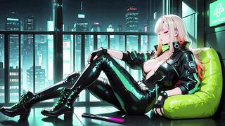 Blonde Agent in Wet Leather Under Neon Glow